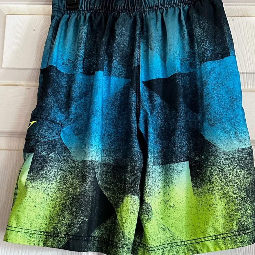 EUC Speedo Men's Abstract Blue and Neon Green‎ Swim Board Shorts Size M